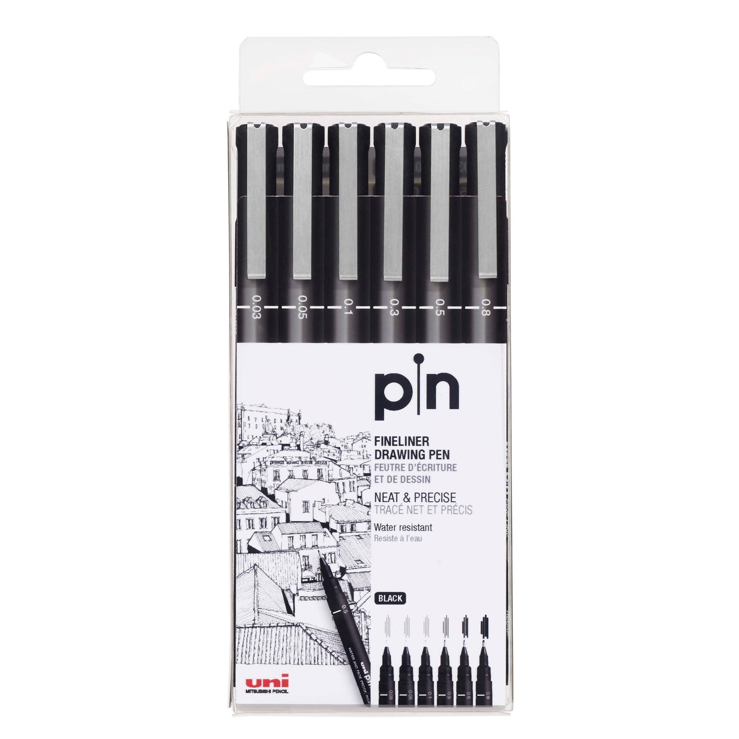 Uni-ball uni Pin Fineliner Set, 6-Pens .05mm-.8mm Black