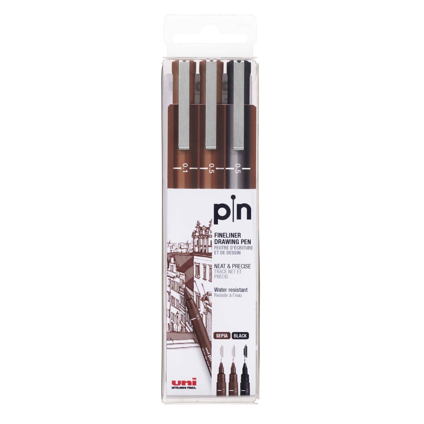 Uni-ball uni Pin Fineliner Set, 3-Pens .01mm-.5mm Sepia/Blk