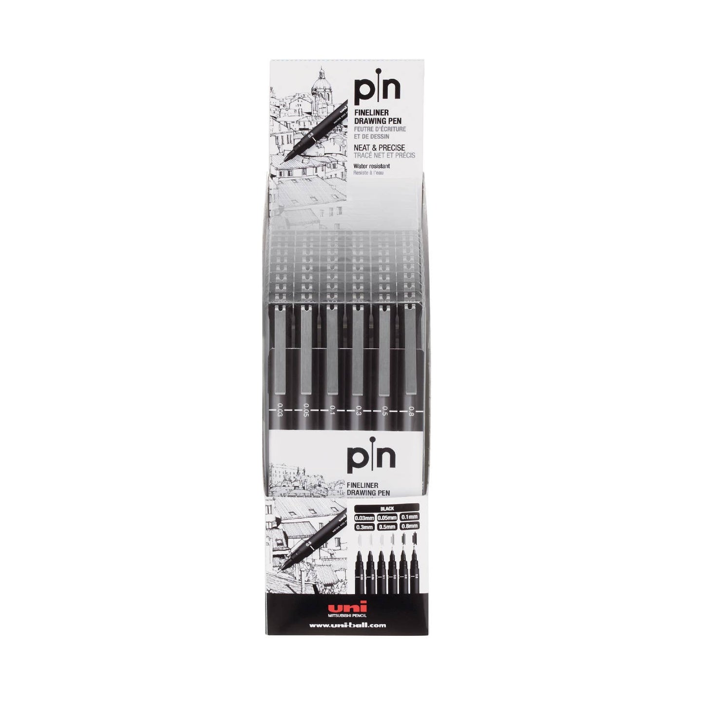 Uni-ball uni Pin Fineliner Set, 6-Pens .05mm-.8mm Black